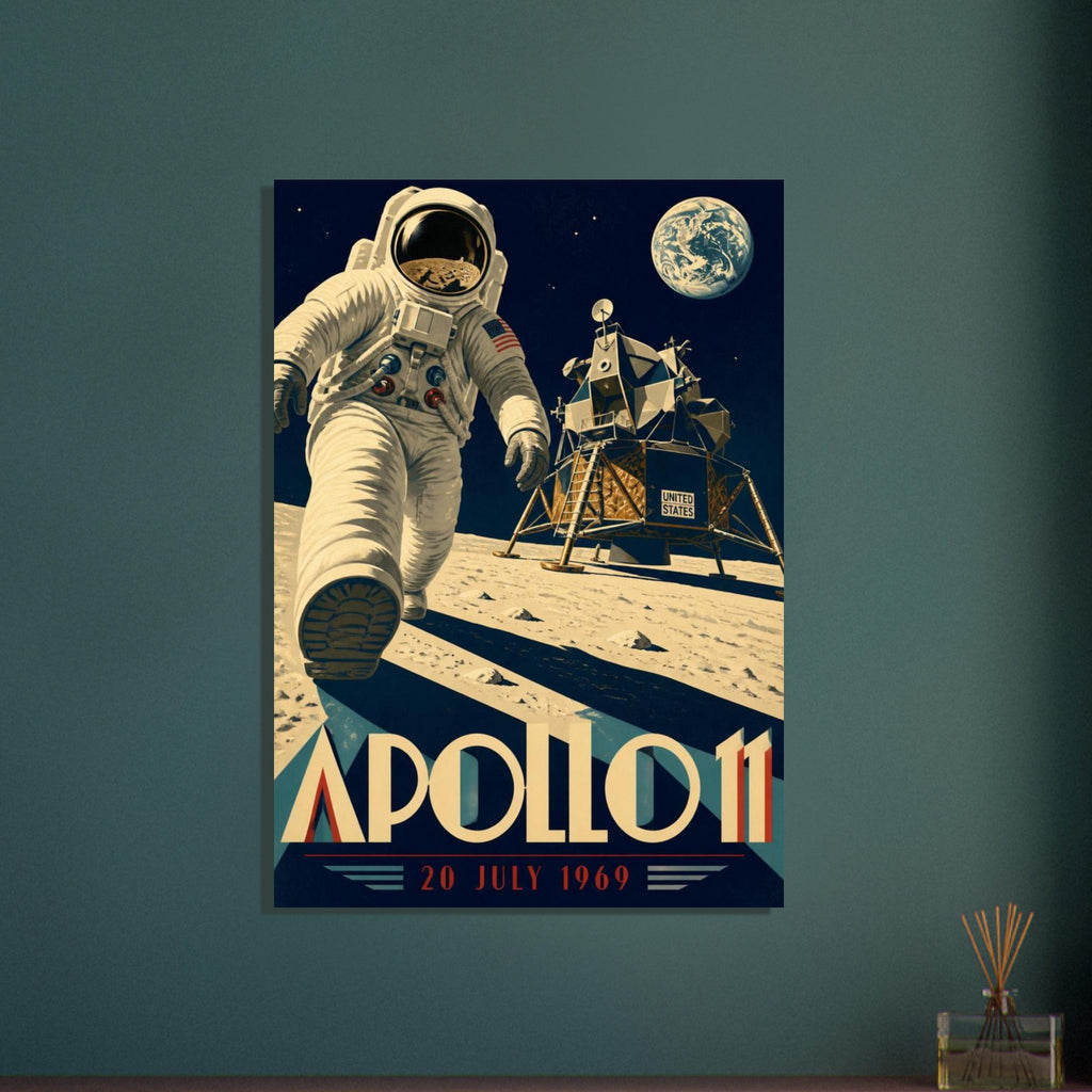 Astronaut on the Moon beside a lunar module, with Earth above and bold Apollo 11 lettering dated 20 July 1969.