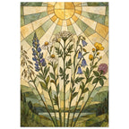 Meadow wildflowers beneath a golden sun, with geometric rays, green hills and water in a stained-glass-style design.