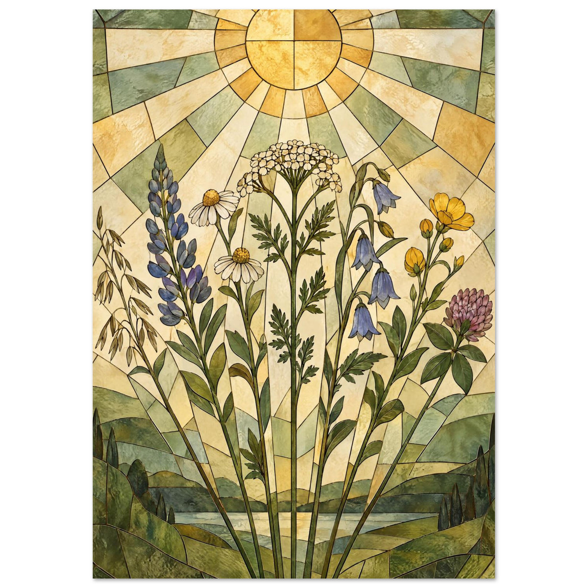 Meadow wildflowers beneath a golden sun, with geometric rays, green hills and water in a stained-glass-style design.