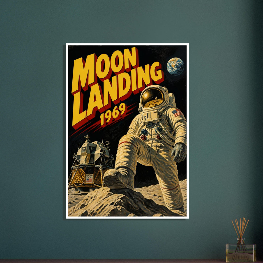 Astronaut on rocky lunar ground beside a lunar module, with Earth above and bold yellow ‘Moon Landing 1969’ lettering.