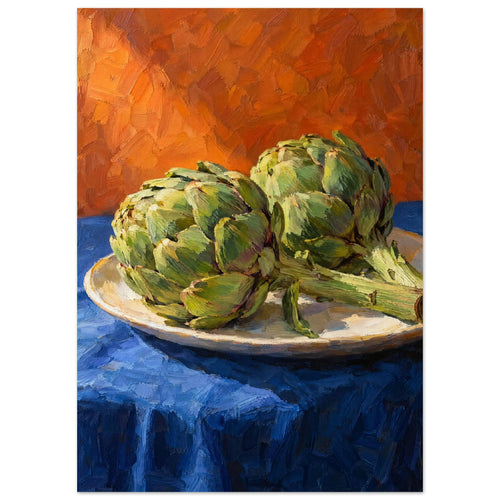 Two green artichokes on a pale oval platter, with a blue tablecloth and orange background in broad painted strokes.