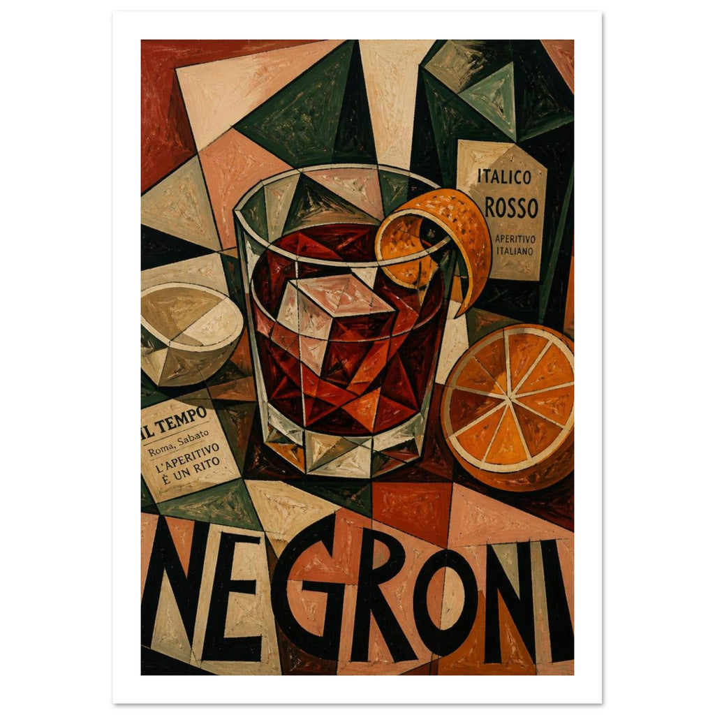 Cubist Negroni cocktail with ice and orange peel, an aperitivo bottle, halved citrus and bold NEGRONI lettering.