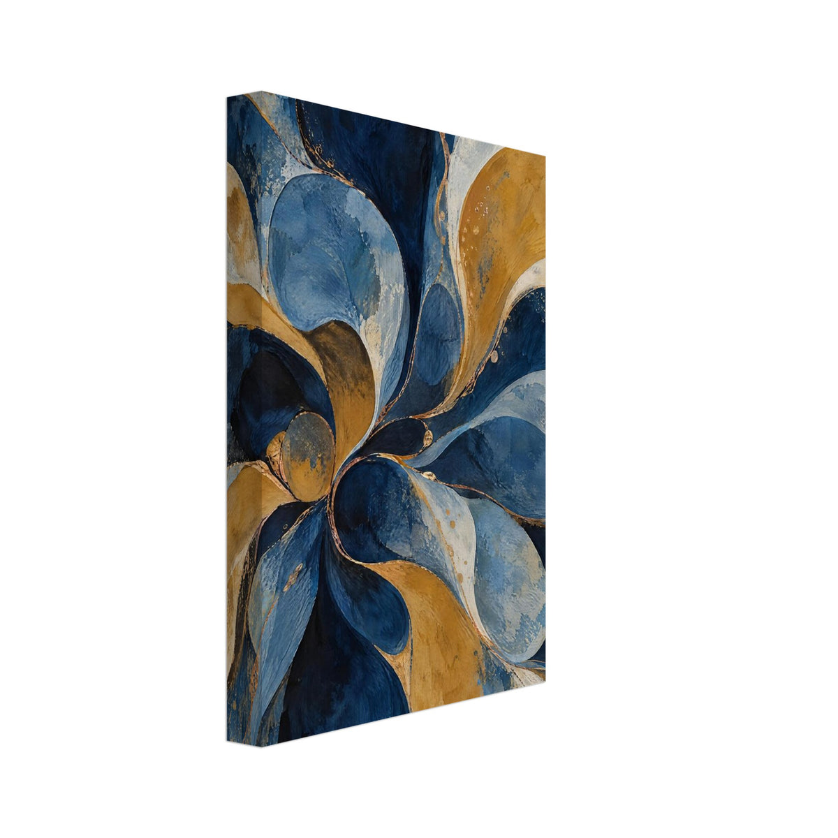 Abstract petal-like swirls in navy, pale blue, ochre and cream, with textured surfaces and fine golden-toned outlines.