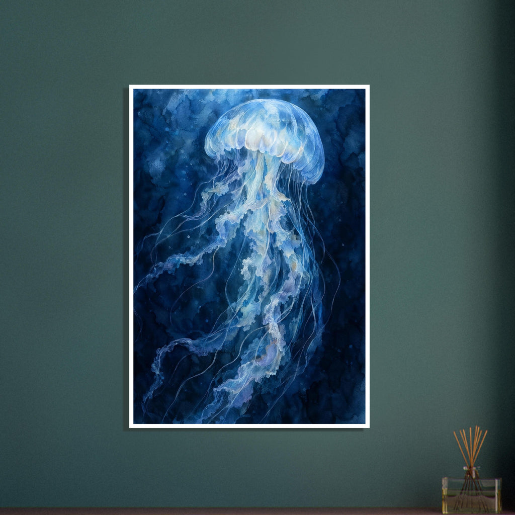 Pale blue jellyfish with a translucent bell and long, rippling tentacles against a deep blue watercolour background.