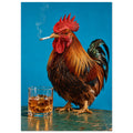 Rooster holding a smoking cigarette beside a glass of amber liquid and ice against a bright blue background.