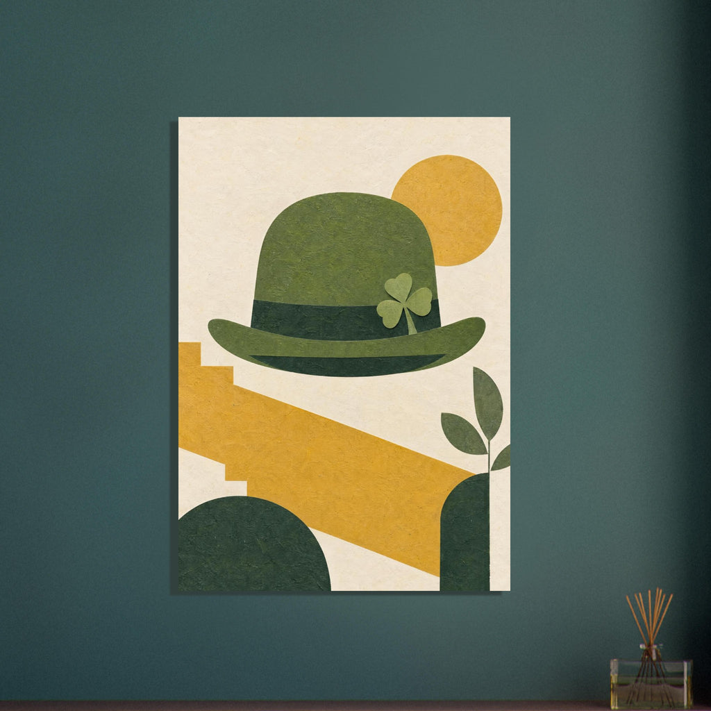 Green hat with a shamrock and dark band, surrounded by mustard geometric shapes and green leaves on a cream background.