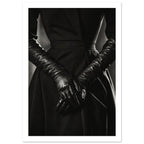 Overlapping hands in long black leather gloves against a dark fitted outfit, photographed in black and white.