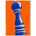 Blue pepper mill with cream highlights tilted against a bright orange background, with distressed textures throughout.