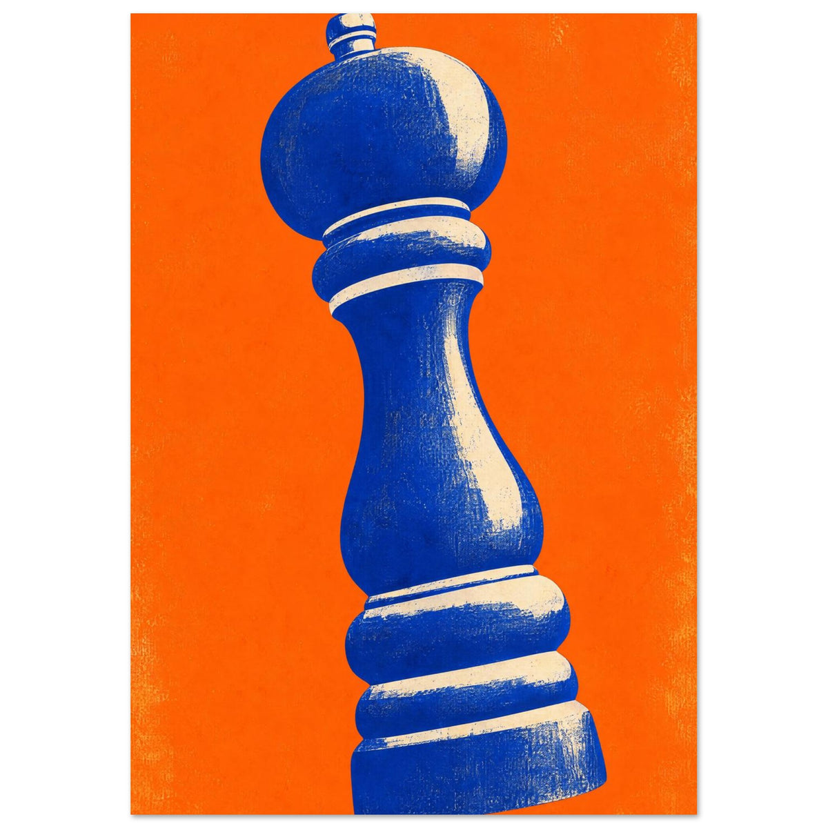 Blue pepper mill with cream highlights tilted against a bright orange background, with distressed textures throughout.