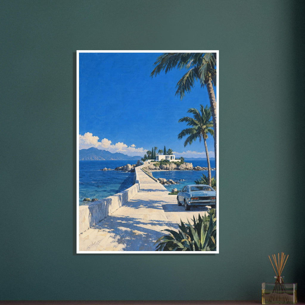 Coastal causeway leading to a white building, with blue sea, distant mountains, palm trees and a parked vintage car.