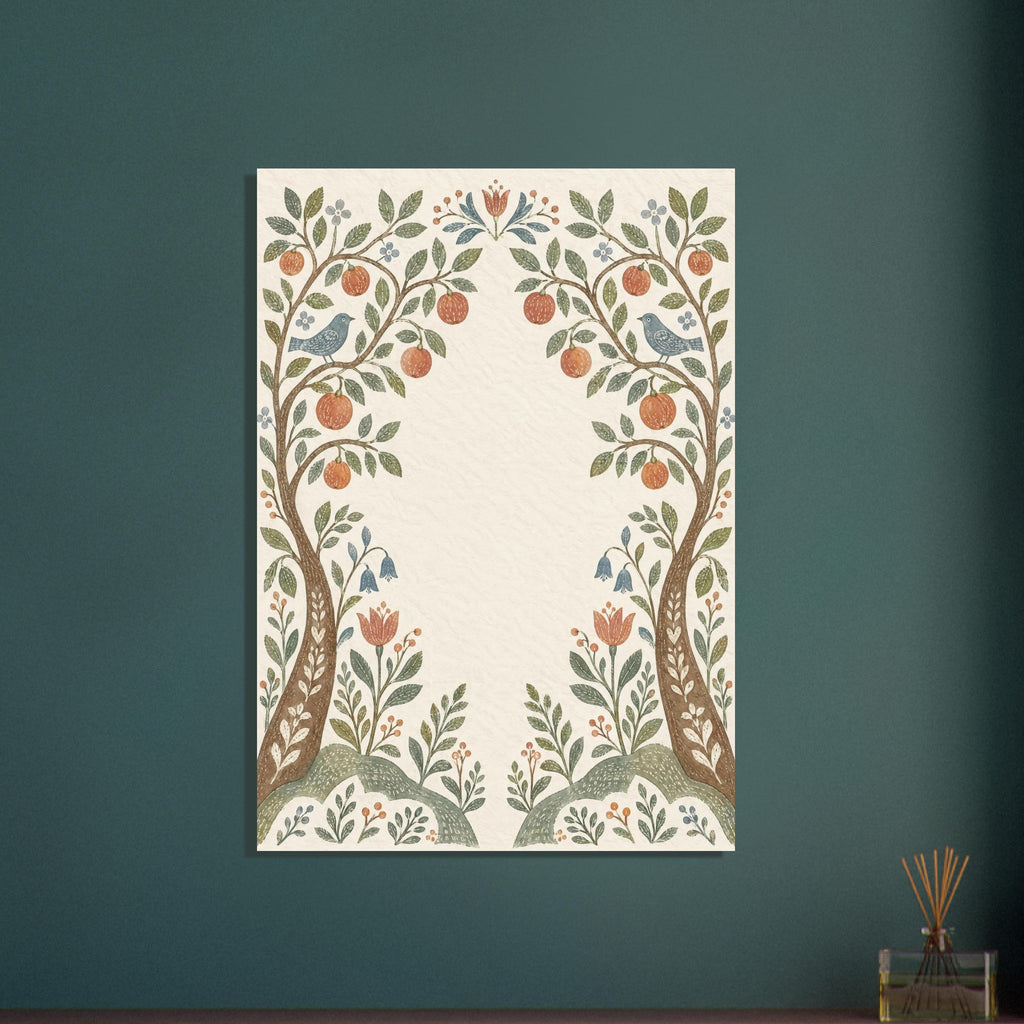 Two fruit trees with blue birds, green leaves and terracotta flowers curve around an open cream centre.