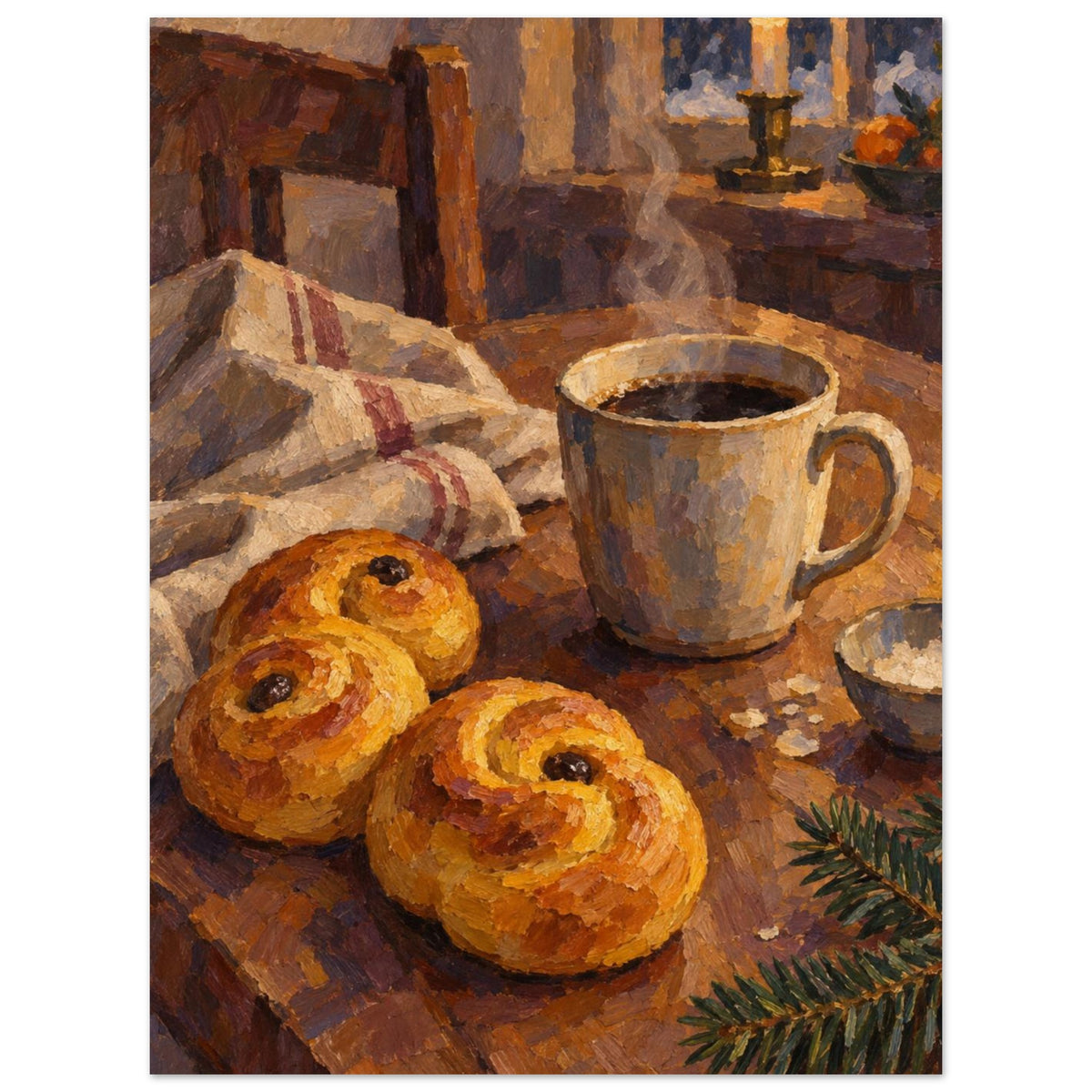 Saffron Buns at Dusk shows two saffron buns, coffee, folded linen and a fir sprig on a tilted table in ochre, aubergine and o