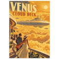 Venus Cloud Deck lettering above airships in golden clouds, with a dressed-up couple overlooking the scene from a terrace.