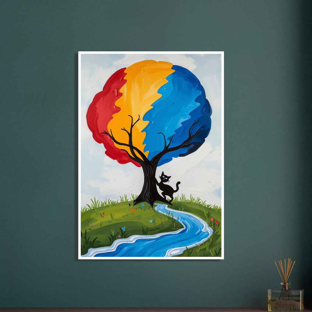 Tree with a red, yellow and blue canopy, a black cat beside its trunk, and a winding blue stream through green grass.