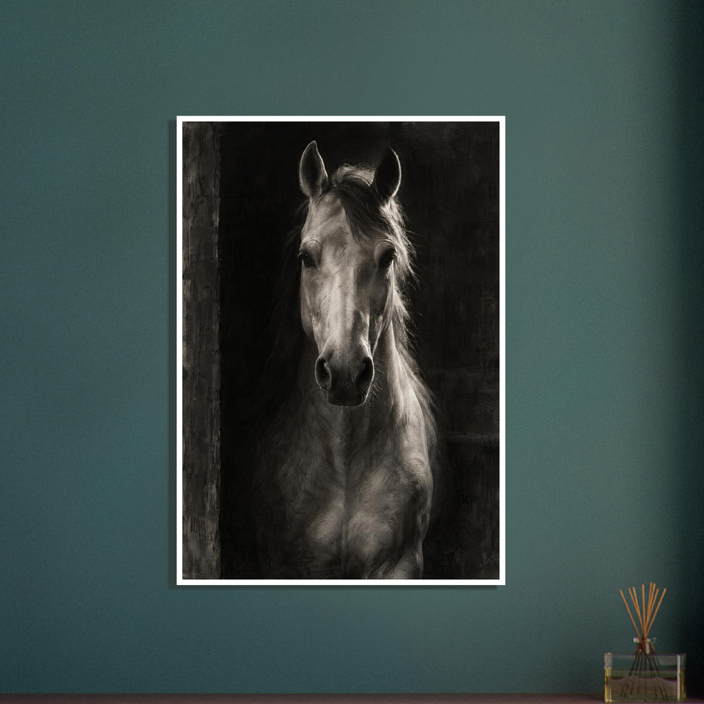 Horse in Half-Light, a frontal horse portrait emerging from a dark doorway with light tracing one ear and its mane.