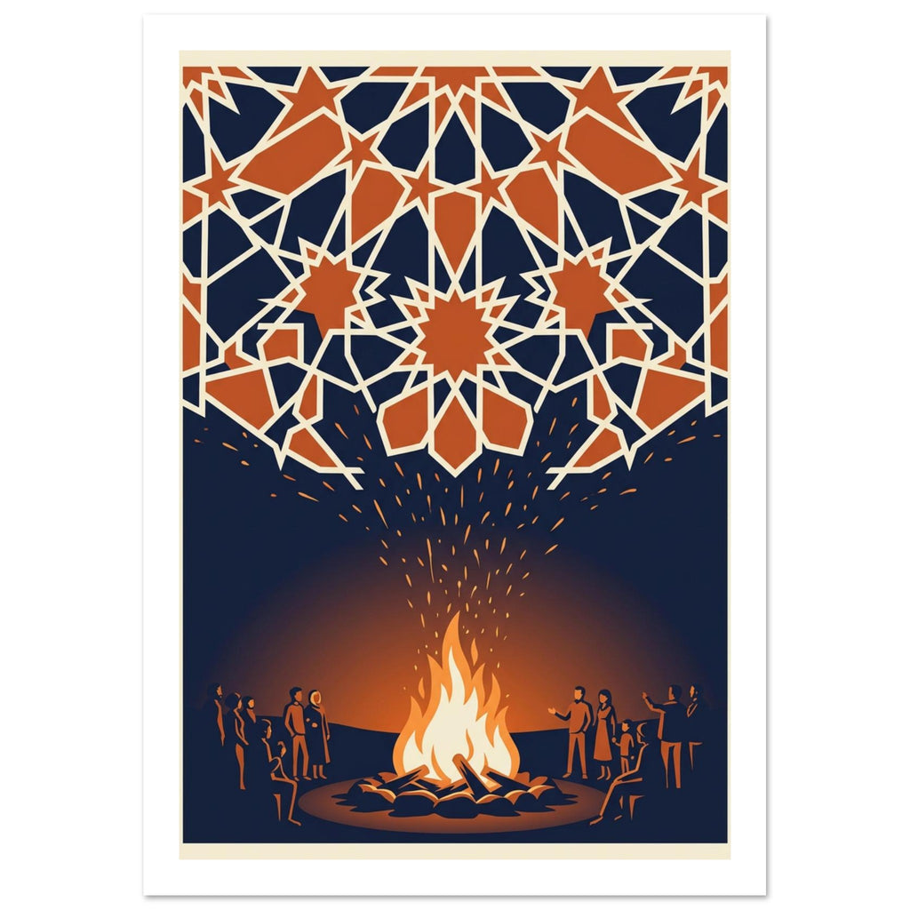 People gathered around a glowing bonfire beneath a canopy of orange geometric stars with cream outlines on navy.