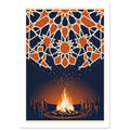 People gathered around a glowing bonfire beneath a canopy of orange geometric stars with cream outlines on navy.