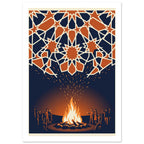 People gathered around a glowing bonfire beneath a canopy of orange geometric stars with cream outlines on navy.