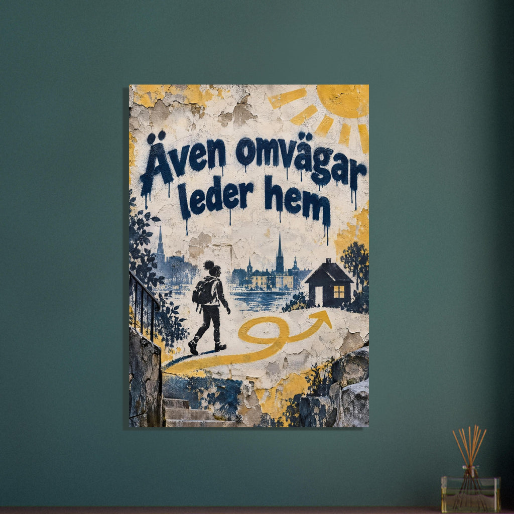Swedish quote in navy on a peeling cream wall, with a walker, skyline, small house, yellow sun and looping arrow.