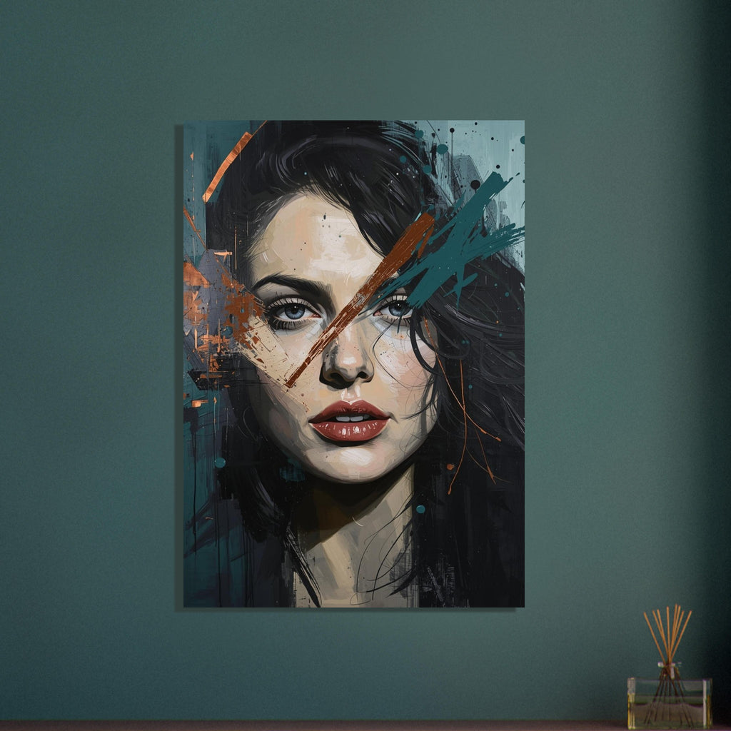Woman with dark hair, blue-grey eyes and red lips, overlaid with diagonal teal and rust-coloured strokes and splashes.