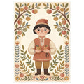 Child in a terracotta hat and tunic holding apples, surrounded by apple branches, leaves and stylised flowers.