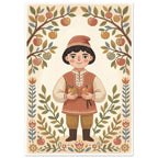 Child in a terracotta hat and tunic holding apples, surrounded by apple branches, leaves and stylised flowers.