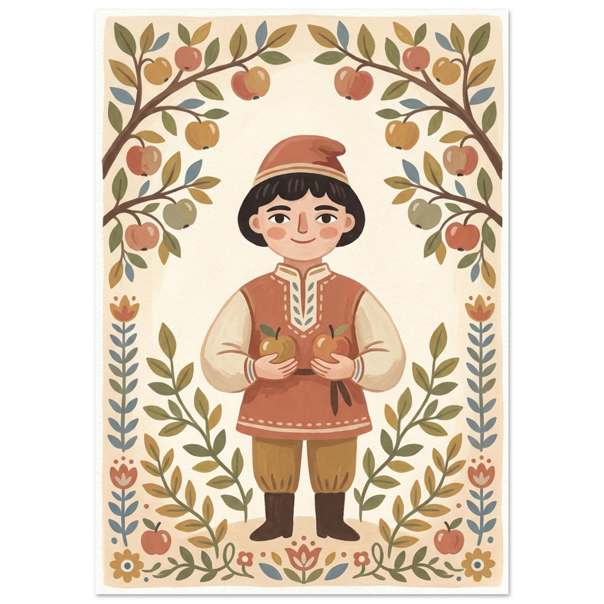 Child in a terracotta hat and tunic holding apples, surrounded by apple branches, leaves and stylised flowers.