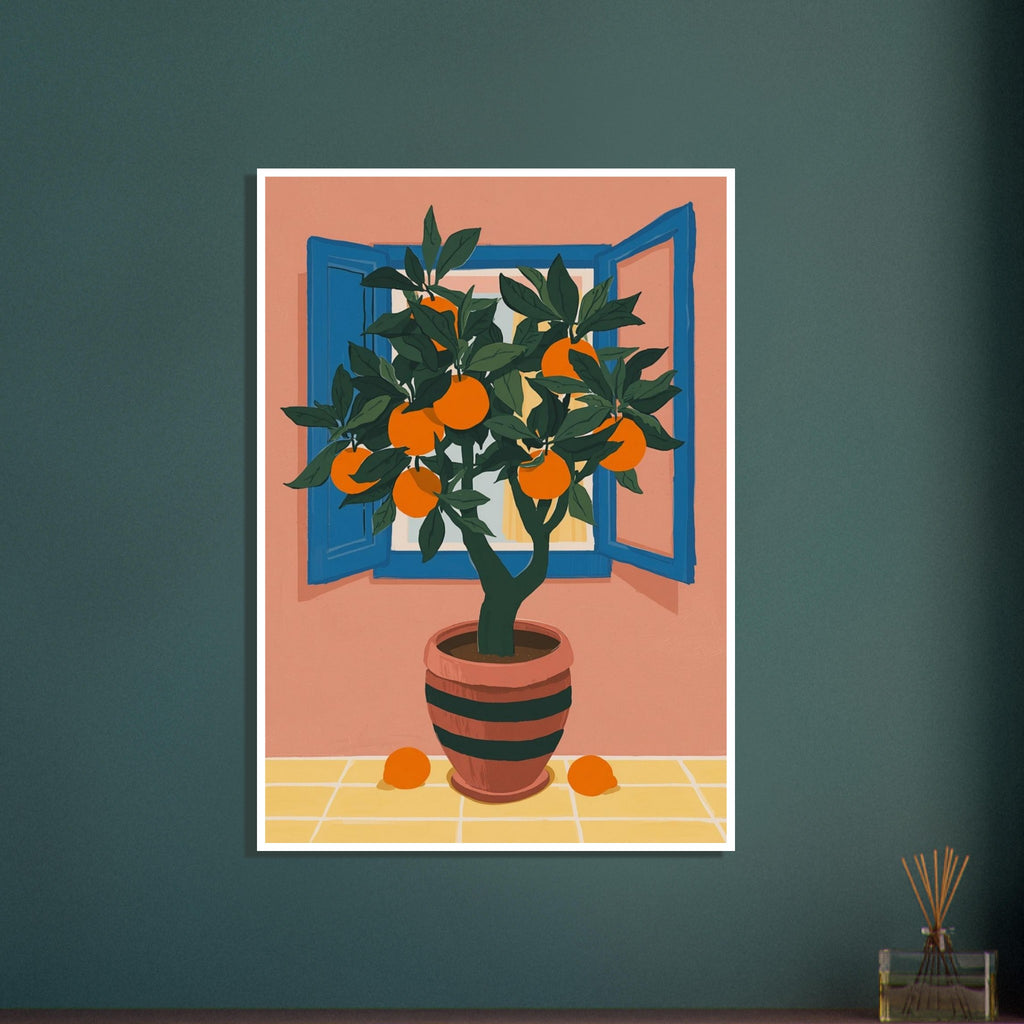 Orange tree in a striped terracotta pot before an open blue window, with peach walls and oranges on yellow tiles.