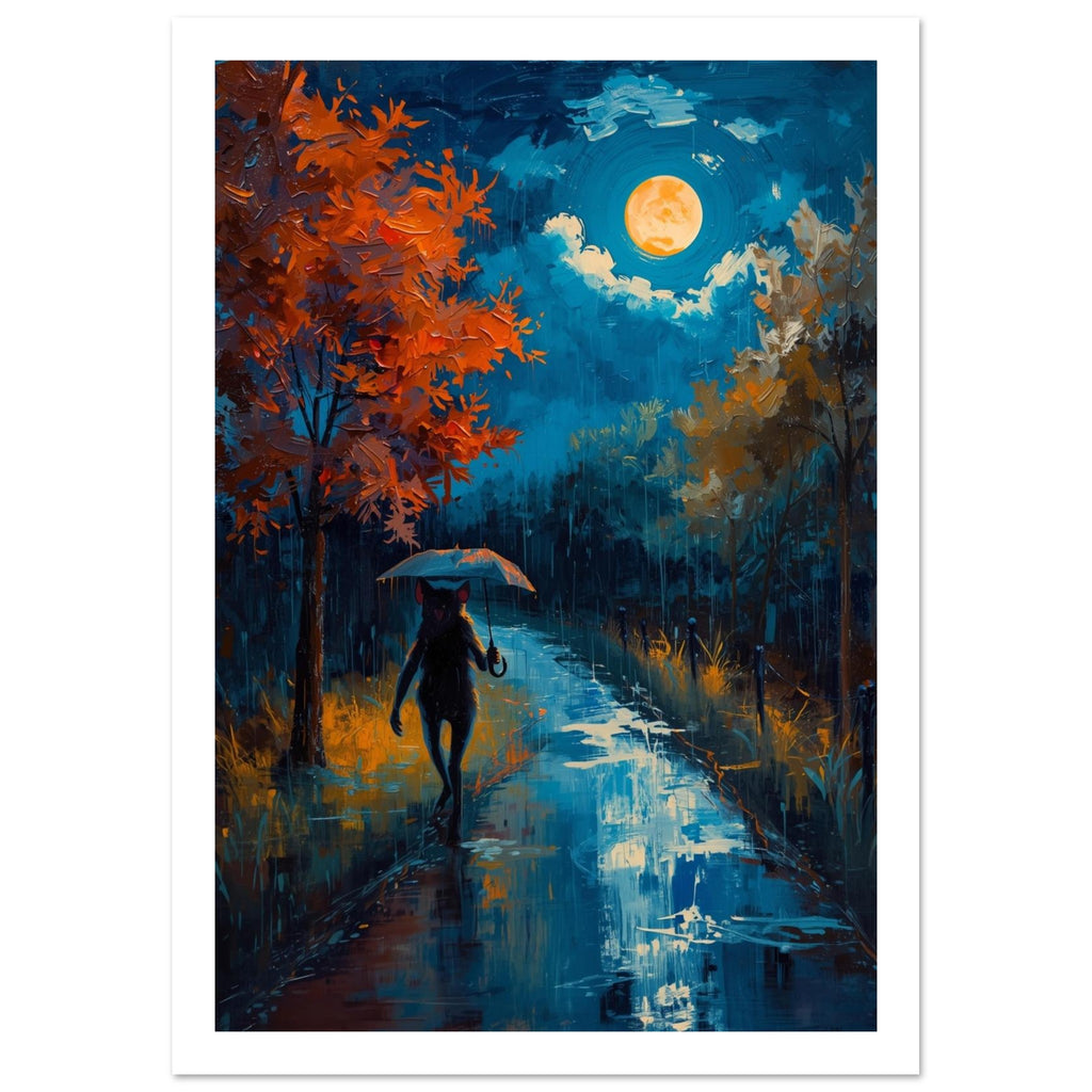 Black cat holding an umbrella on a wet path beneath a golden moon, with orange trees and blue reflections.