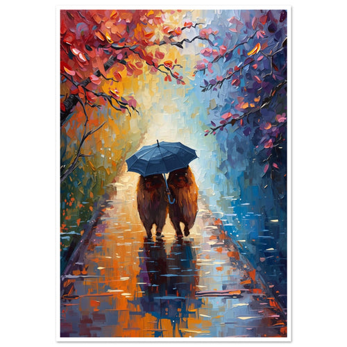 Two capybaras beneath a blue umbrella on a reflective wet path, framed by red and orange leaves in a painterly scene.