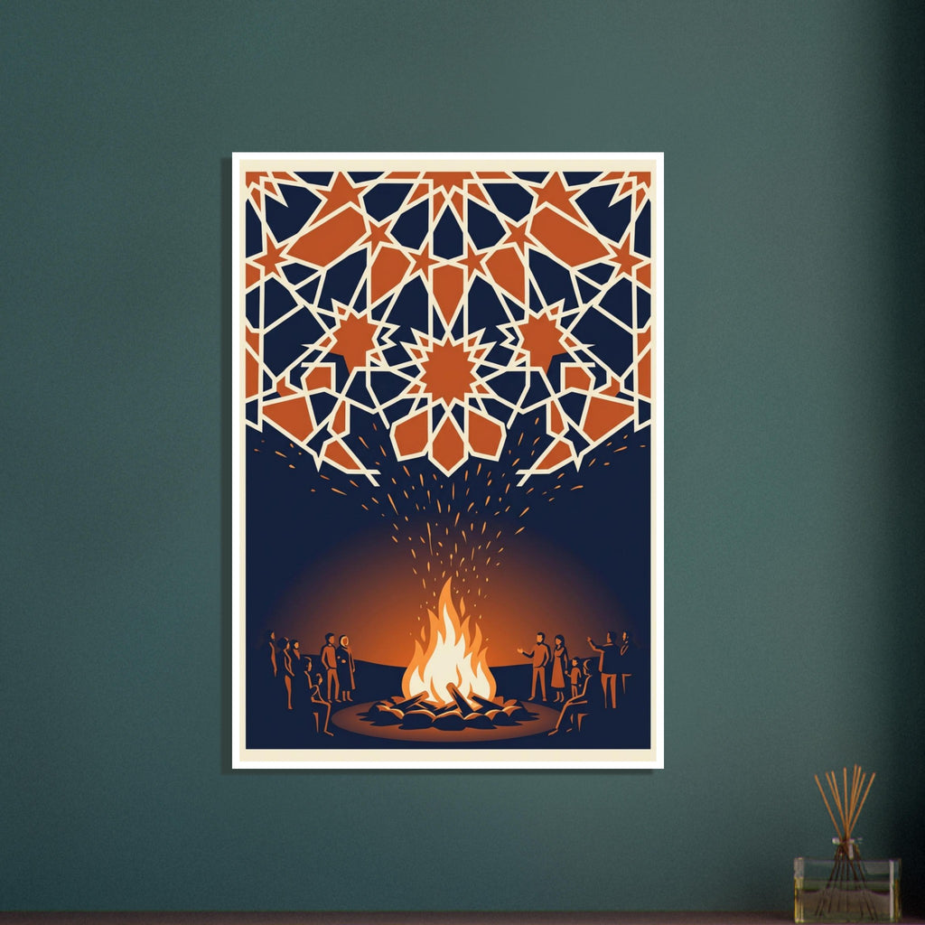 People gathered around a glowing bonfire beneath a canopy of orange geometric stars with cream outlines on navy.