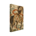 Golden-brown horse with flowing terracotta ribbons and cream blossoms, set against mountains, water and leafy branches.