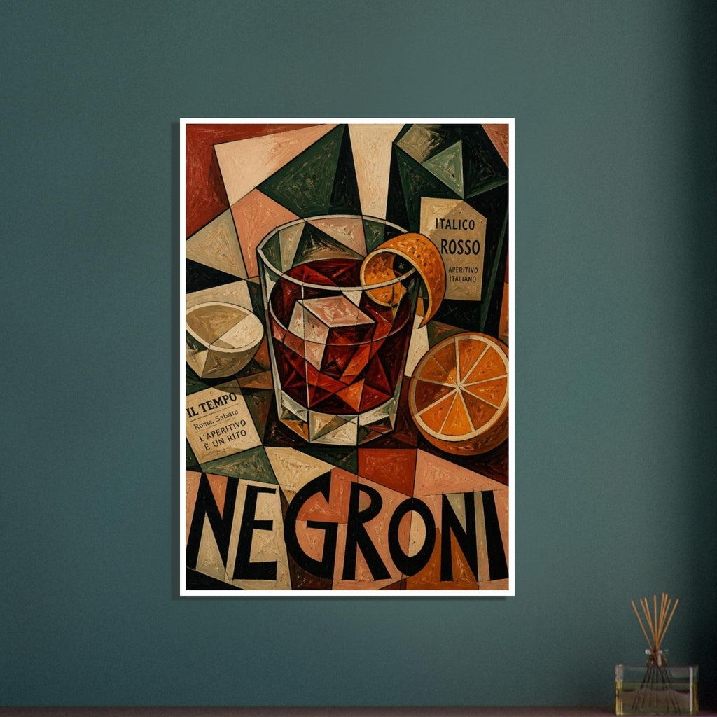 Cubist Negroni cocktail with ice and orange peel, an aperitivo bottle, halved citrus and bold NEGRONI lettering.