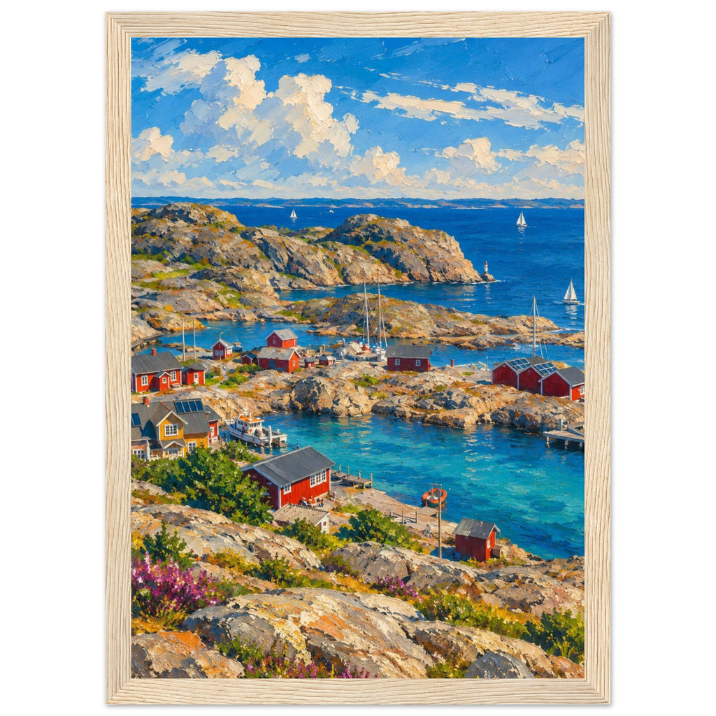 Rocky harbour with red cabins, wooden jetties and sailboats on blue water beneath cream clouds, with flowers in front.