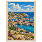 Rocky harbour with red cabins, wooden jetties and sailboats on blue water beneath cream clouds, with flowers in front.