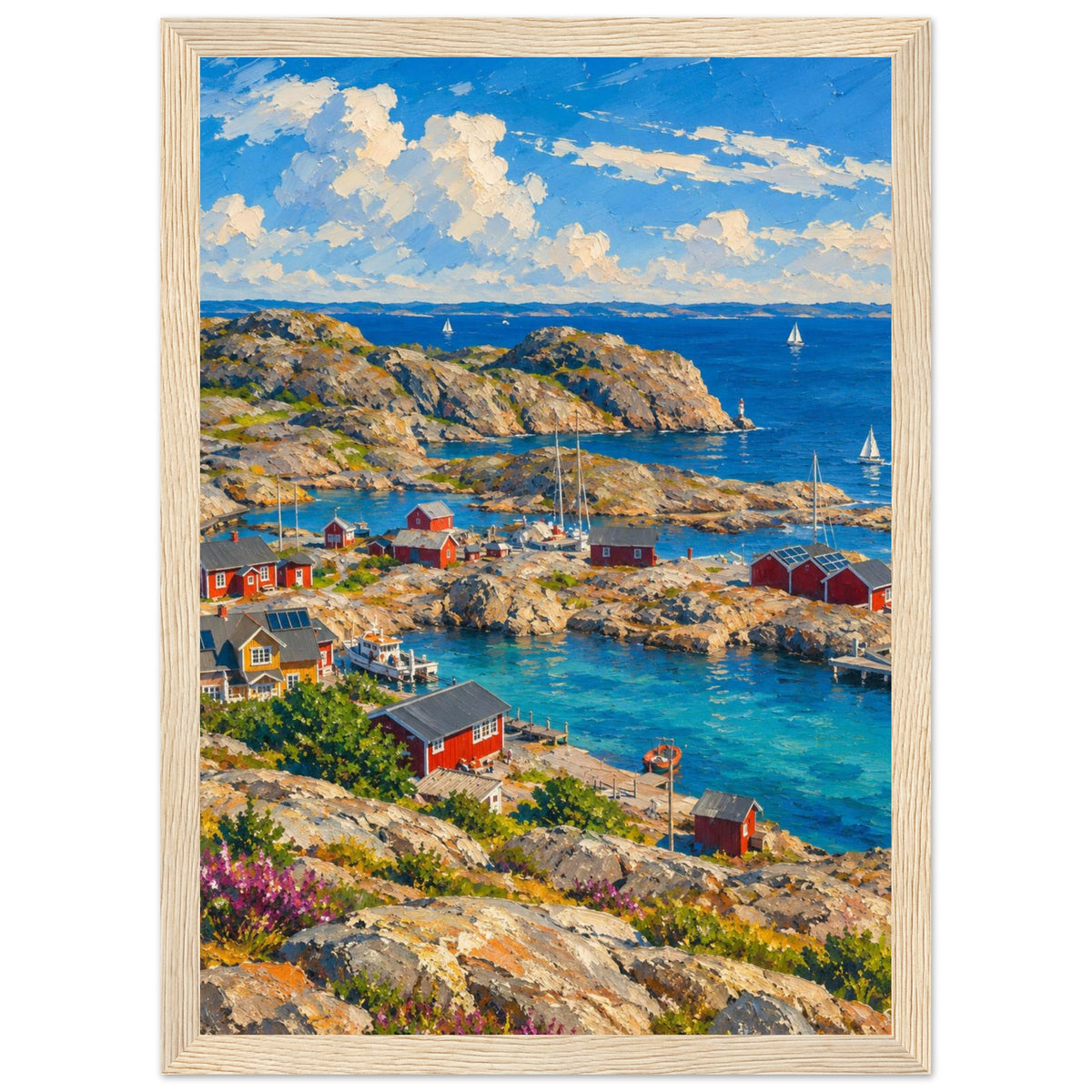 Rocky harbour with red cabins, wooden jetties and sailboats on blue water beneath cream clouds, with flowers in front.