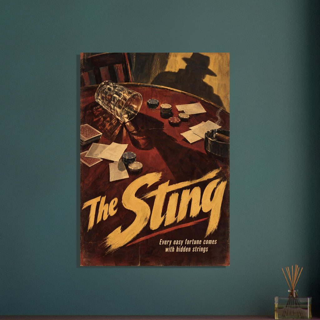 The Sting poster with a tipped glass, cards and gaming chips on a dark red table, a hatted shadow and gold lettering.