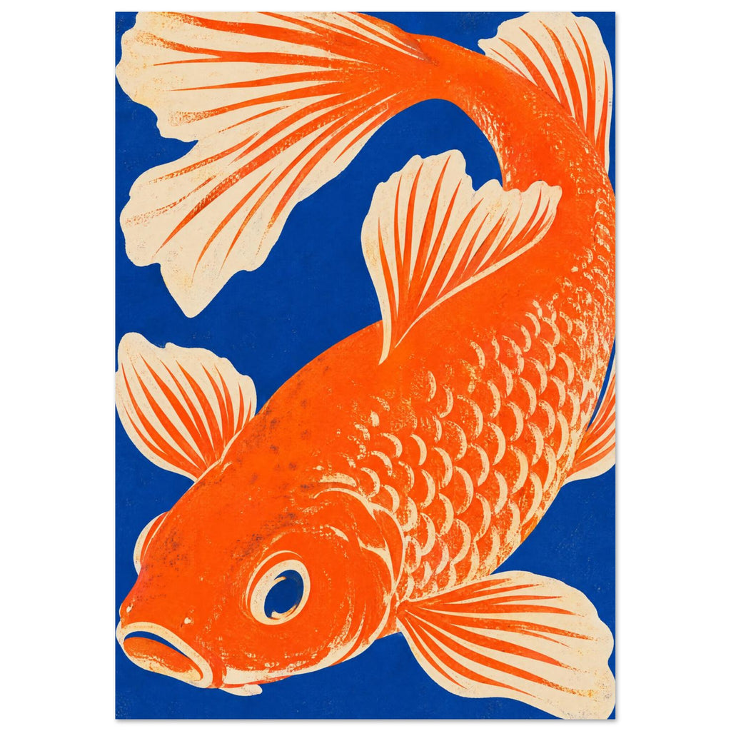 Orange fish curving across a deep blue background, with cream fins, patterned scales and a distressed texture.