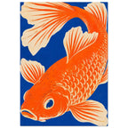 Orange fish curving across a deep blue background, with cream fins, patterned scales and a distressed texture.