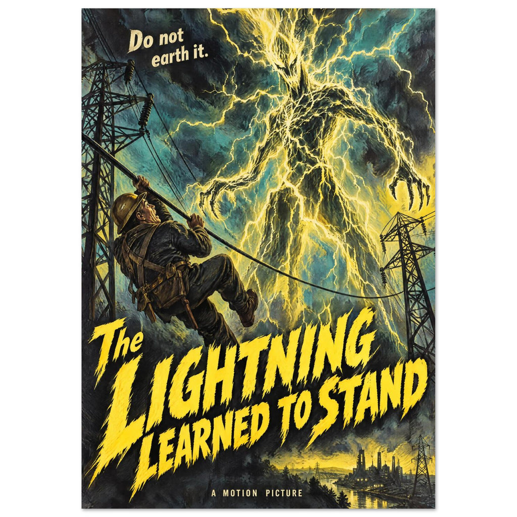 Lightning monster towers over a worker on a cable amid pylons, with yellow ‘The Lightning Learned to Stand’ lettering.