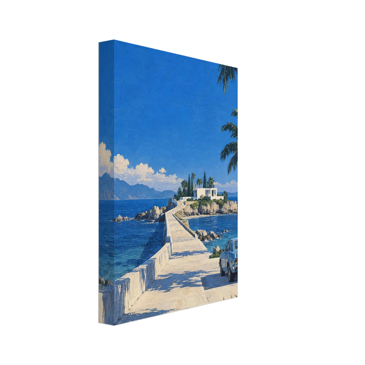 Coastal causeway leading to a white building, with blue sea, distant mountains, palm trees and a parked vintage car.