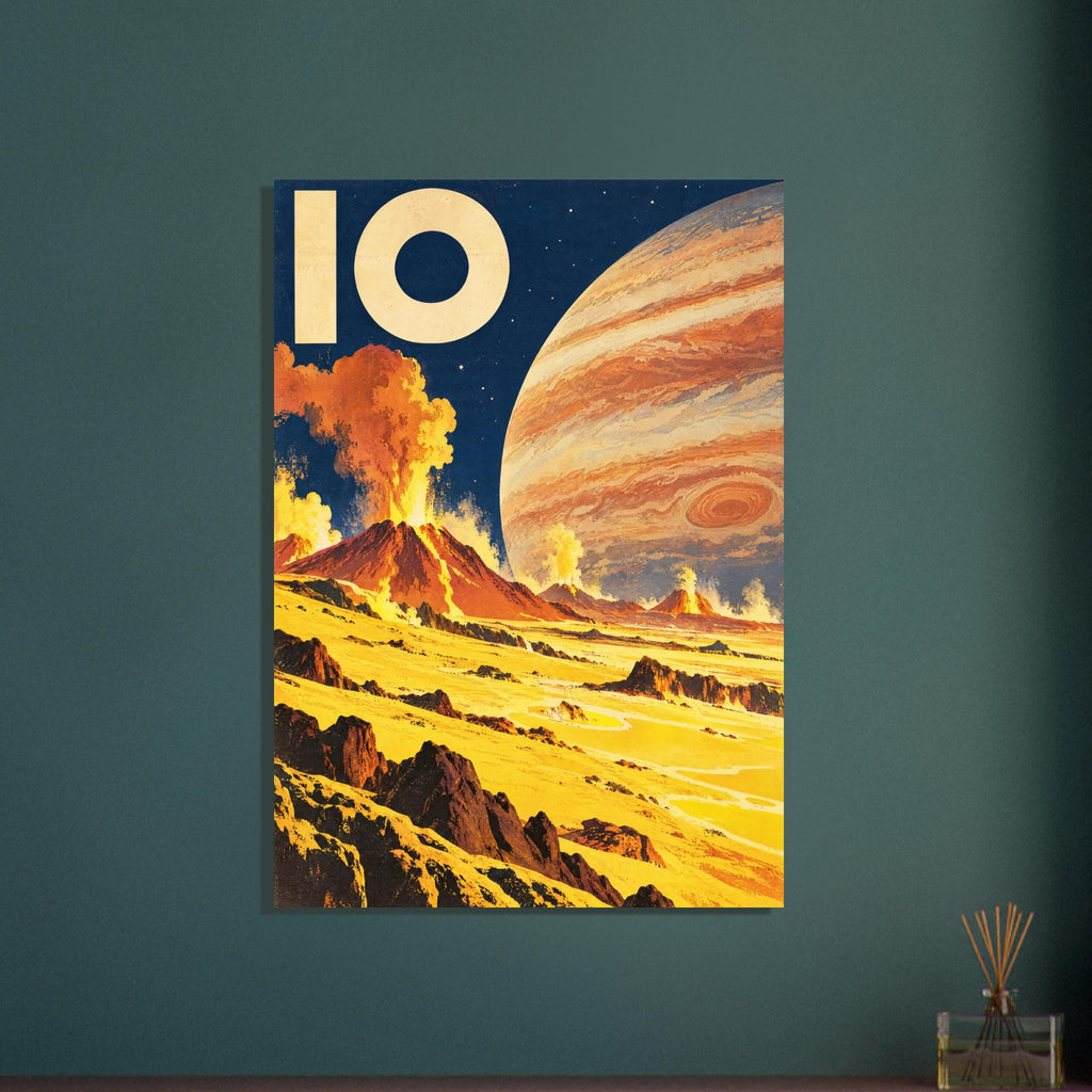 Io's yellow volcanic landscape with orange eruptions, Jupiter against a navy starry sky and large cream IO lettering.