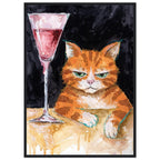 Ginger cat with green eyes resting its white paws on a golden table beside a tall glass of pink liquid, on black.
