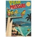 Pear Pressure retro art print showing four cartoon pears at a diving board above a giant martini-glass pool