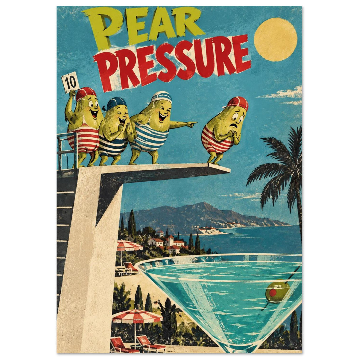 Pear Pressure retro art print showing four cartoon pears at a diving board above a giant martini-glass pool