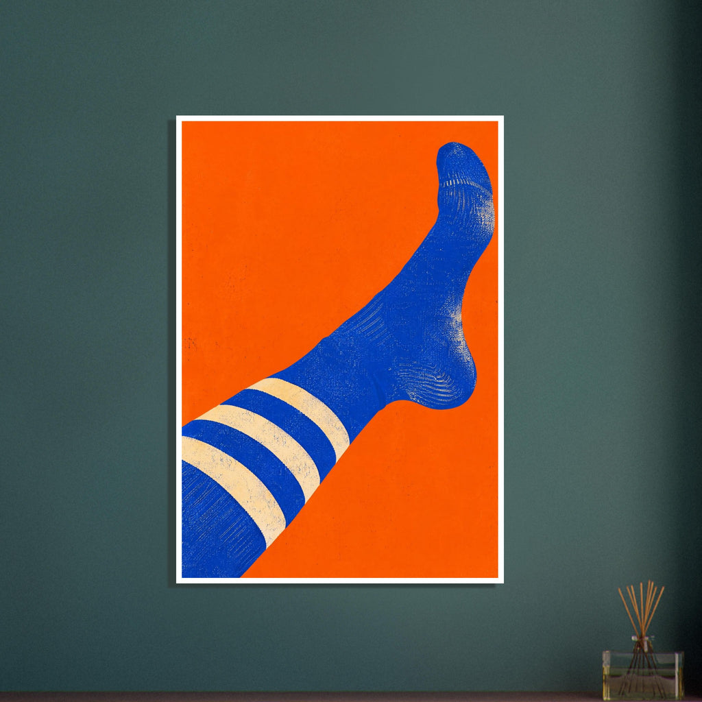 Blue sock with three cream stripes stretching diagonally across an orange background, with a distressed texture.