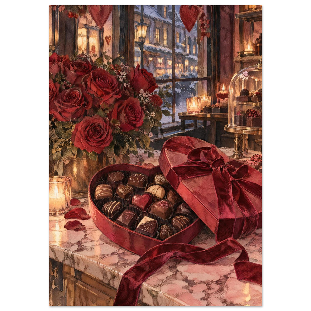 Red roses beside an open heart-shaped chocolate box on a marble counter, with candles and a snowy street beyond the window.