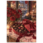 Red roses beside an open heart-shaped chocolate box on a marble counter, with candles and a snowy street beyond the window.