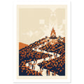 Figures follow a winding cream path up an orange and navy geometric hillside towards a tall bonfire beneath a pale sky.