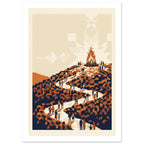 Figures follow a winding cream path up an orange and navy geometric hillside towards a tall bonfire beneath a pale sky.